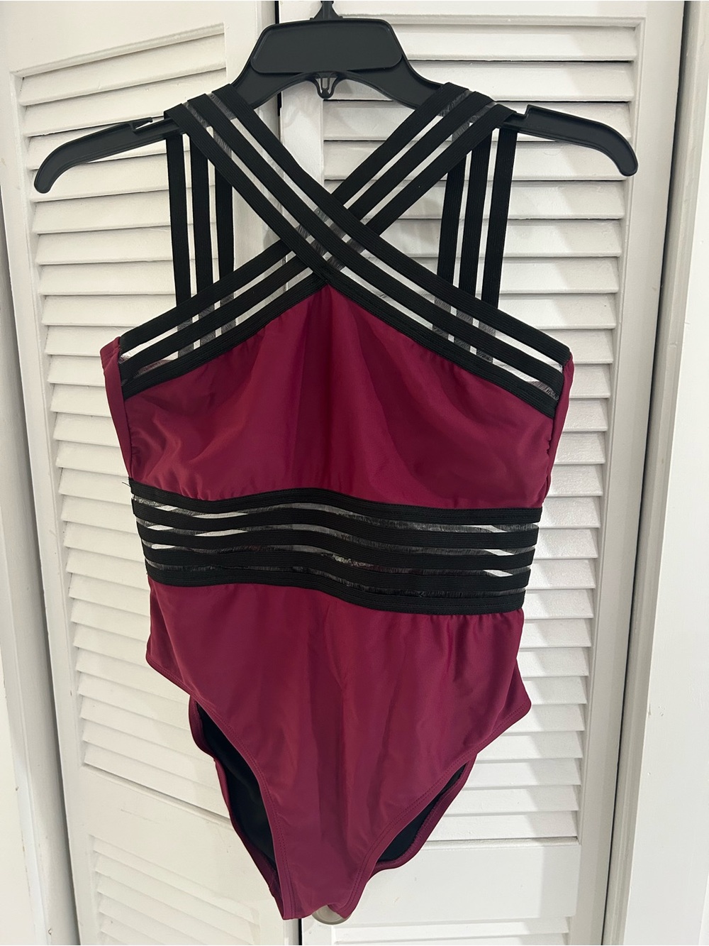 Cross-Strap Plum One-Piece Swimsuit with Sheer Waist Panels - Picture 4 of 8